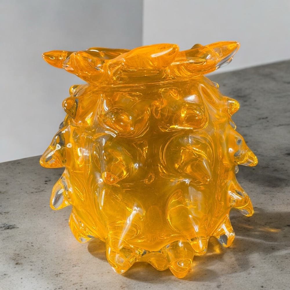 Brutalist Lazy Susan Amber Art Glass Thorn Vase Heavy Glass‎ Vase Vessel Decor